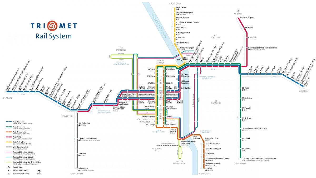 پورٹلینڈ ریل کے نظام کا نقشہ